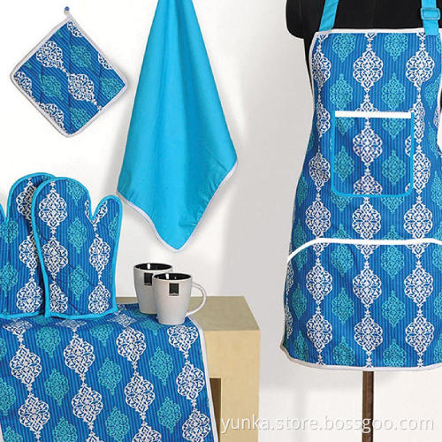 Set of Apron include Bib Apron  Oven Mitt Pot Holder Kitchen Towel Beautiful Flower Design